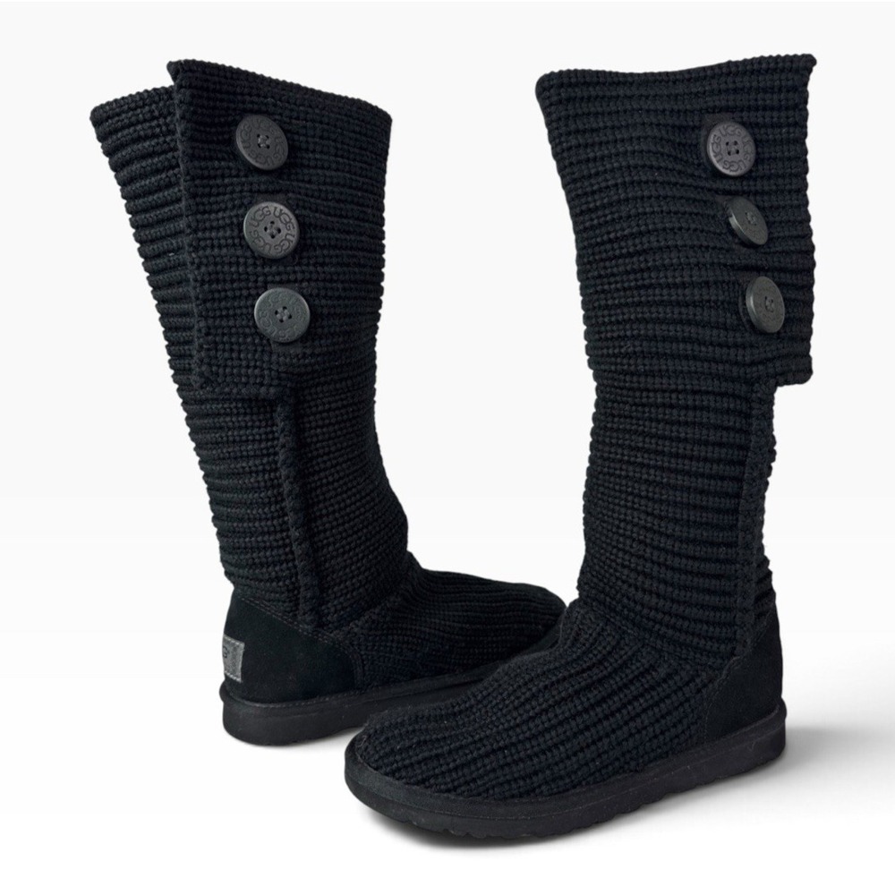 UGG Women's 8 Classic Candy Knit Boots Black Tall Sheepskin Insole EUC